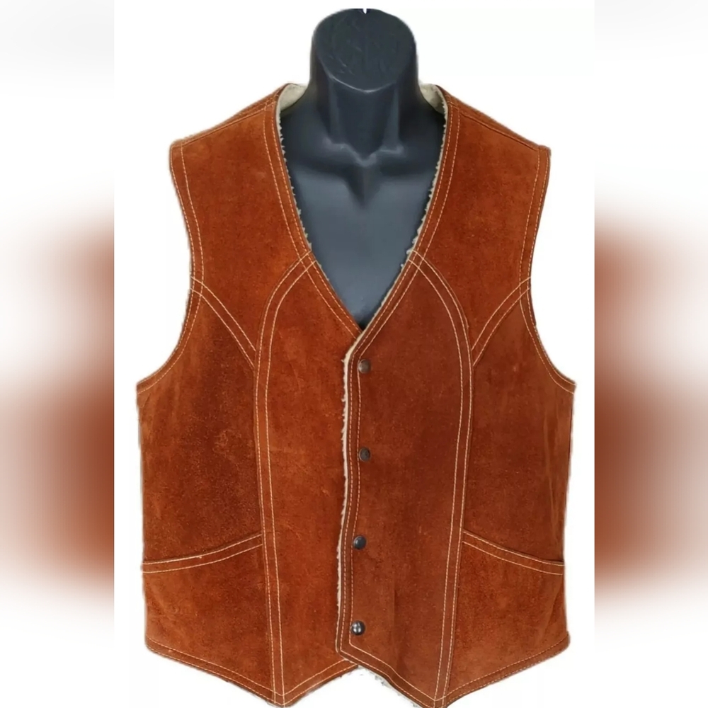 Vtg Mens Genuine Suede Sherpa Lined Cowhide Leather Vest Western Rust Color Sz L